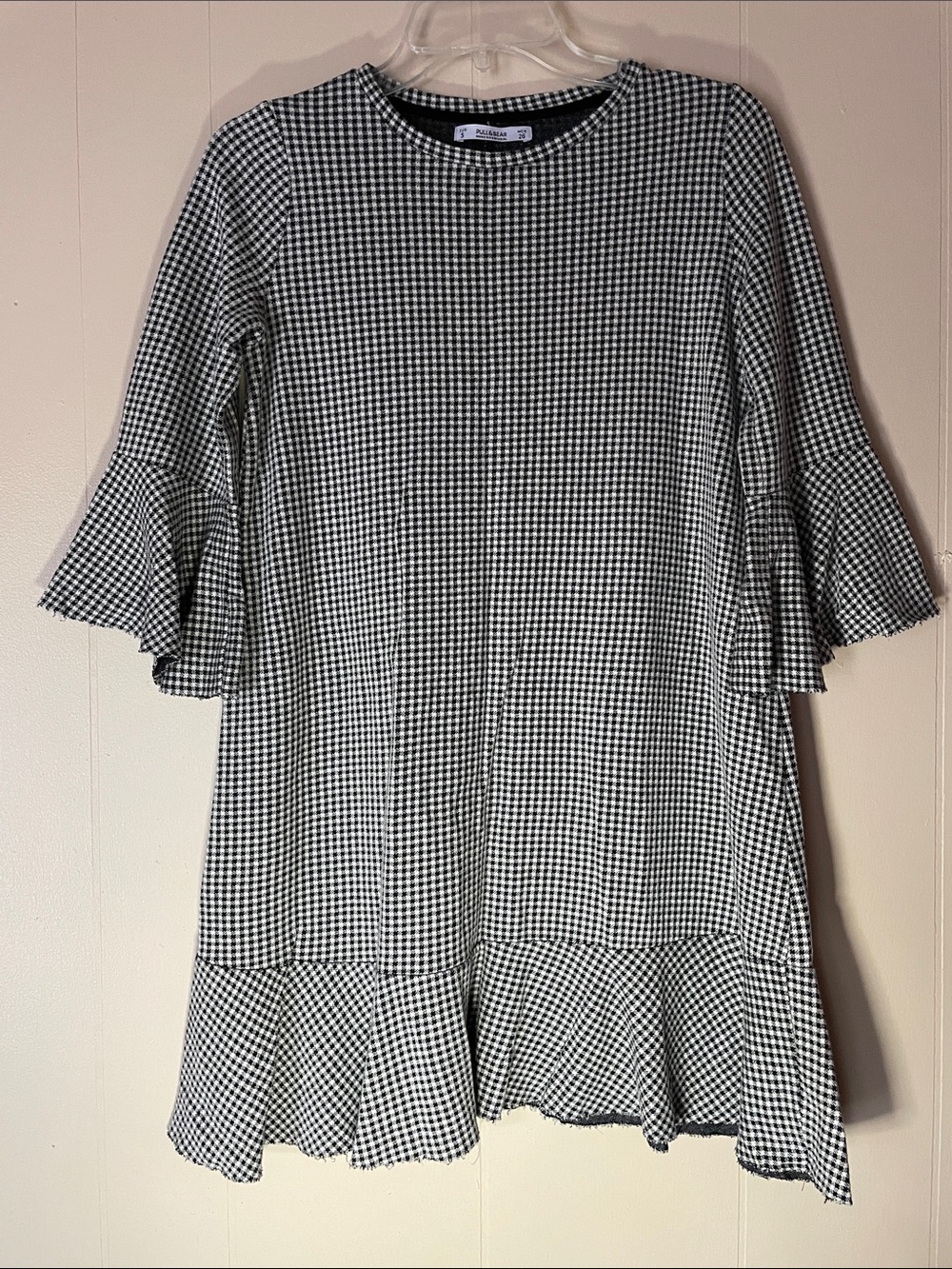 Y2K Pull&Bear Checkered Dress | 3/4 Bell Sleeves | Frayed Hem | Size S